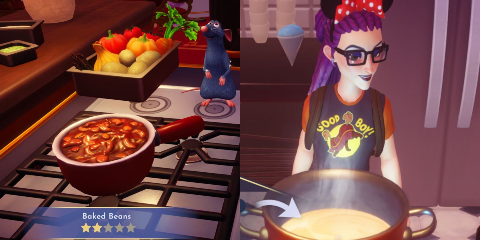 A split image of a character making Baked Beans in Disney Dreamlight Valley