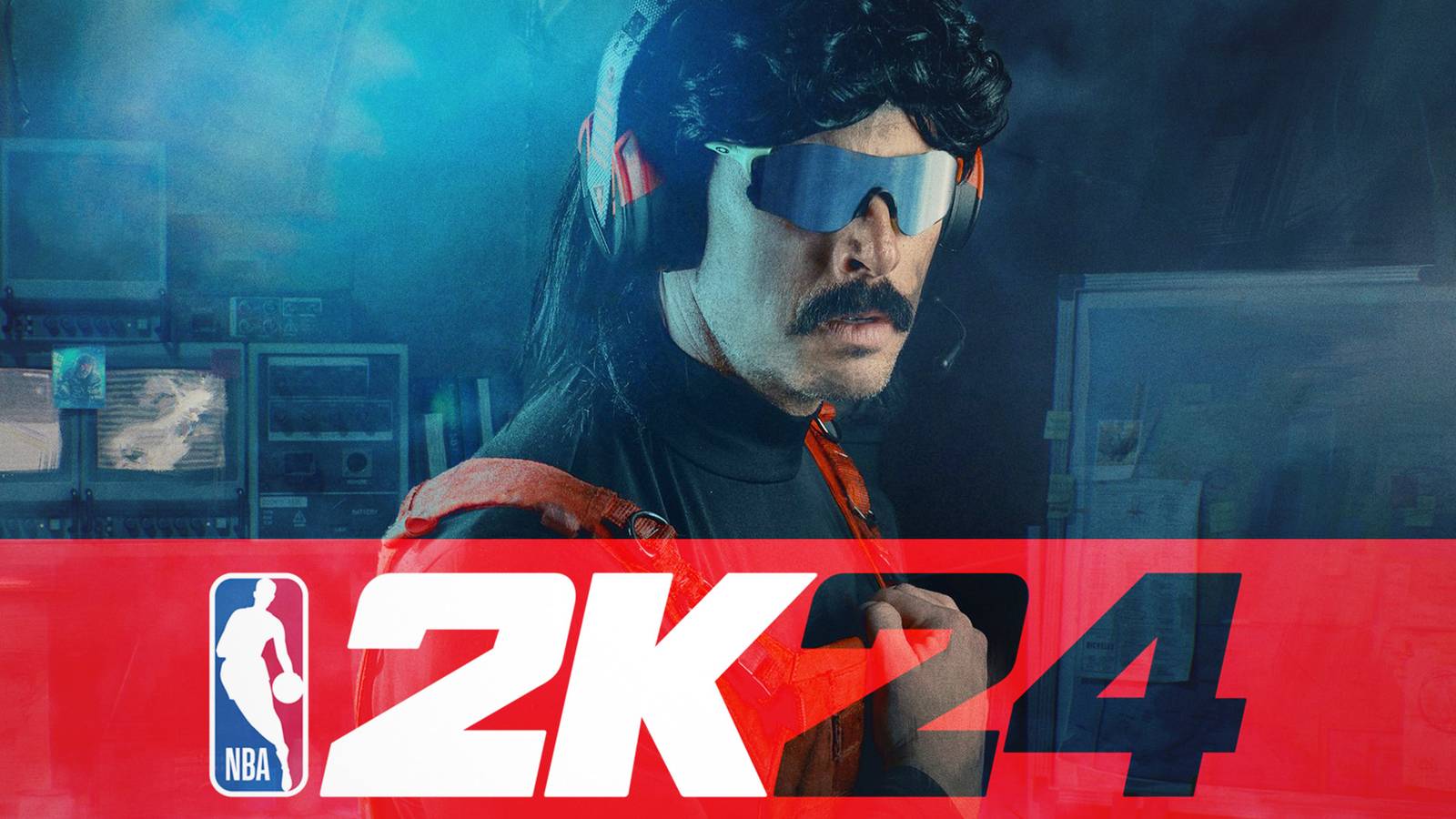 Dr Disrespect behind semi-transparent NBA 2K24 logo composite