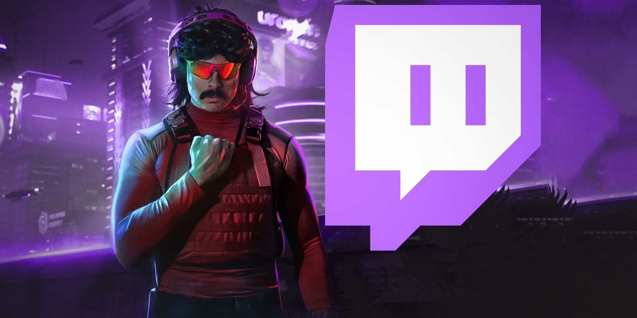 Dr Disrespect next to old Twitch logo submark on purple futuristic cityscape background