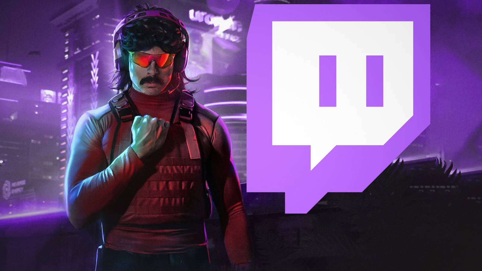 Dr Disrespect next to old Twitch logo submark on purple futuristic cityscape background