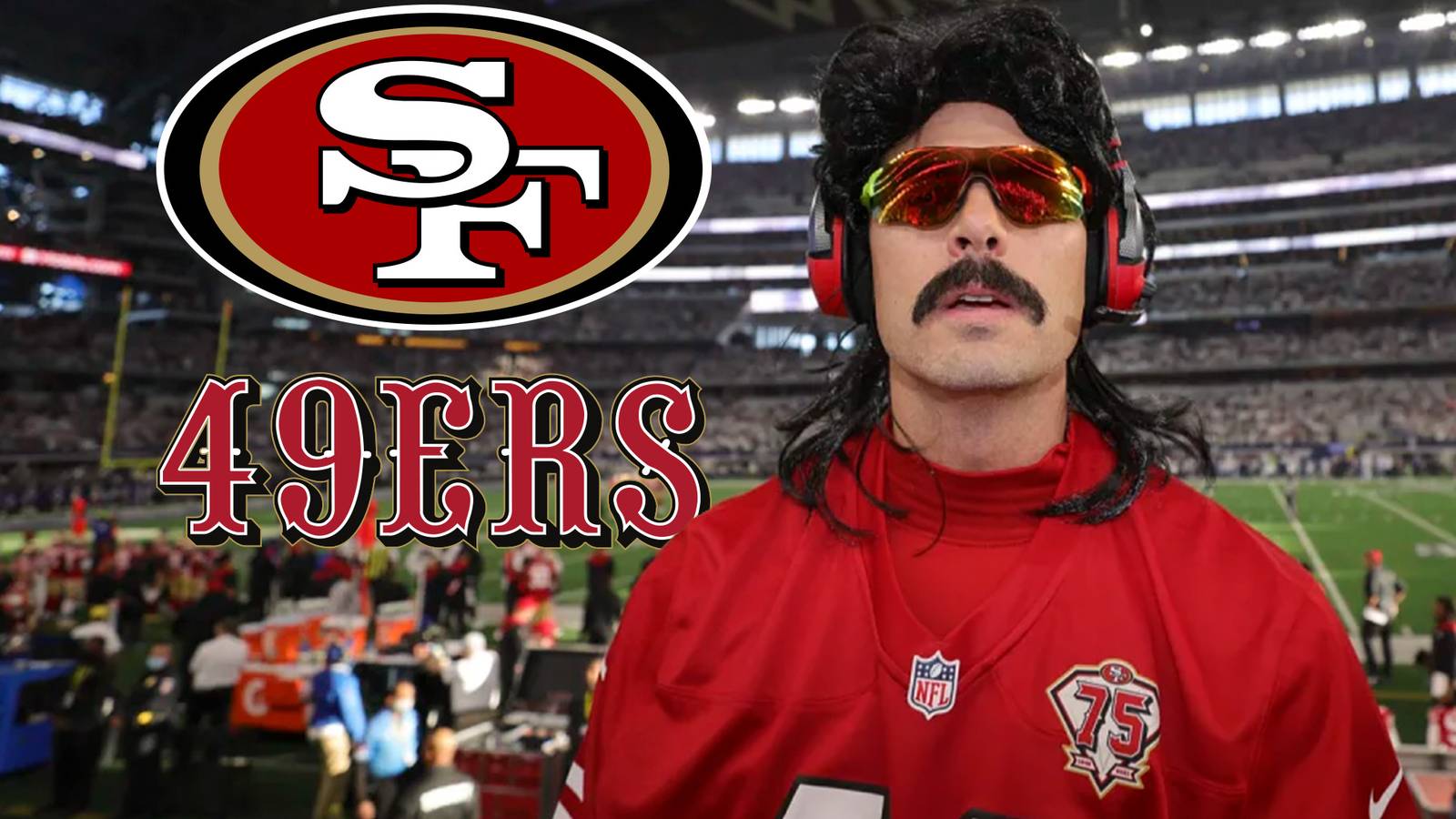 Dr Disrespect next to San Francisco 49ers logo and wordmark on 49ers stadium