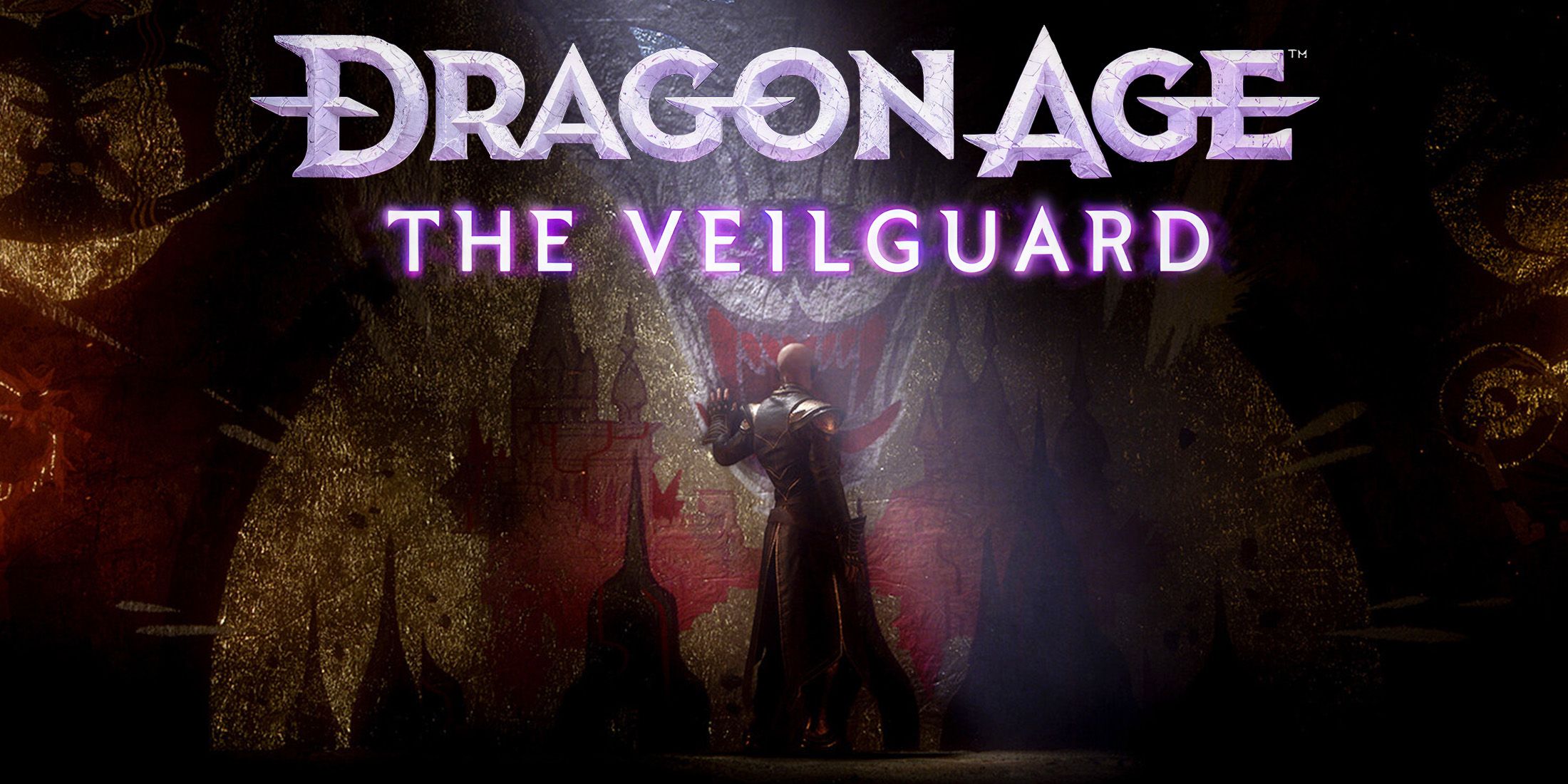 Dragon Age The Veilguard bald character in light below game logo