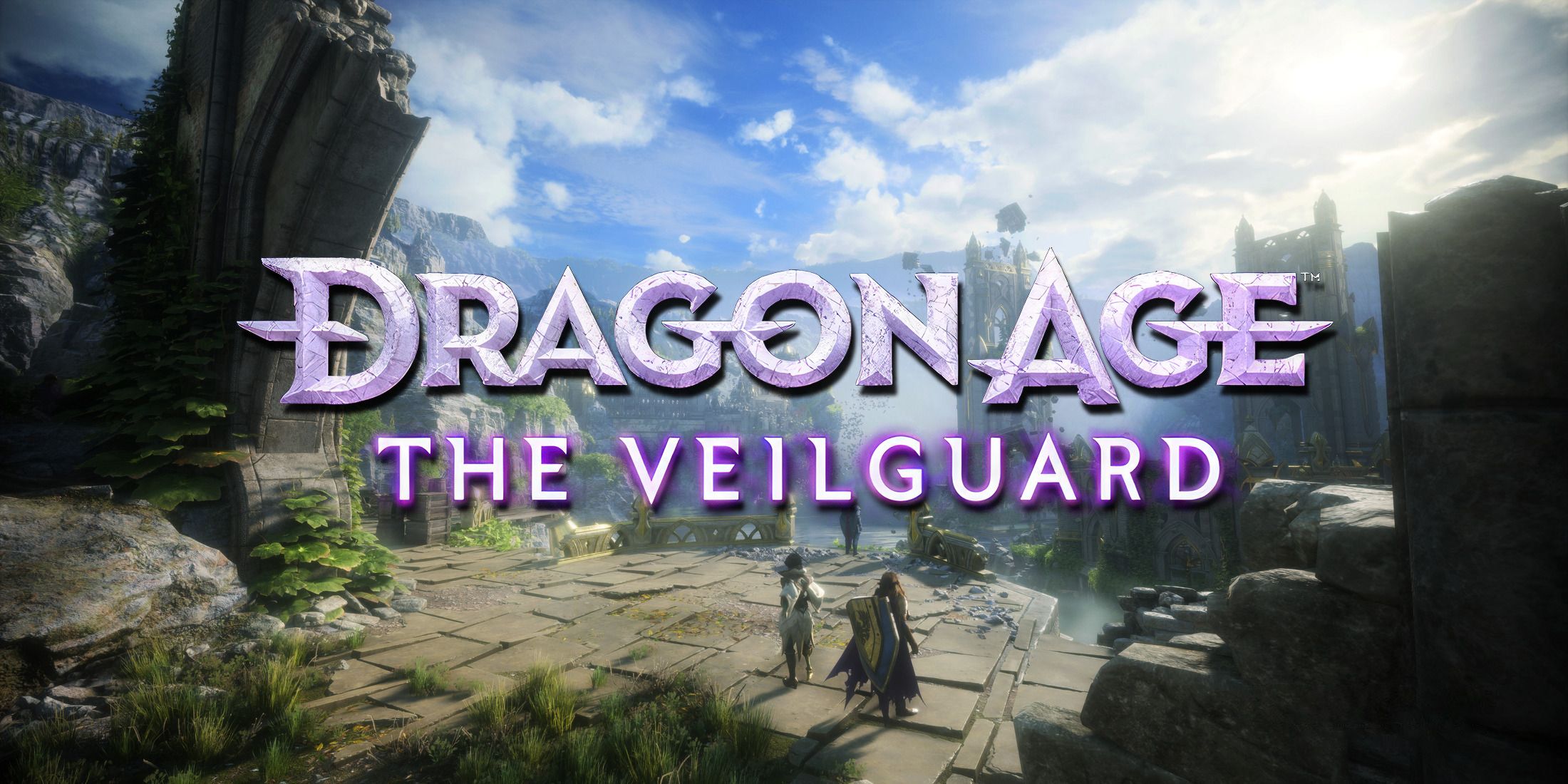 Dragon Age The Veilguard daytime world green and blue scenery with game logo