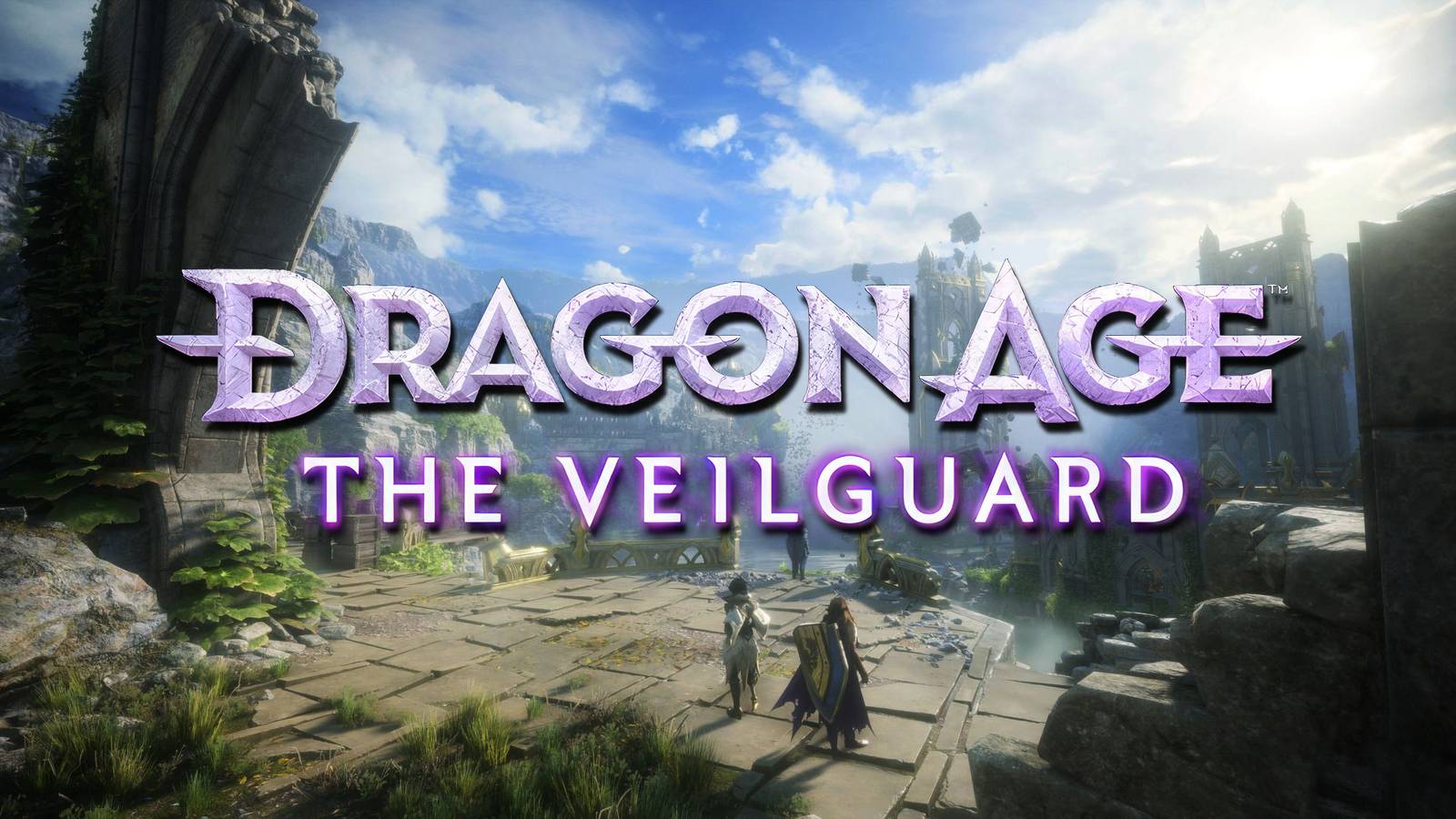 Dragon Age The Veilguard daytime world green and blue scenery with game logo
