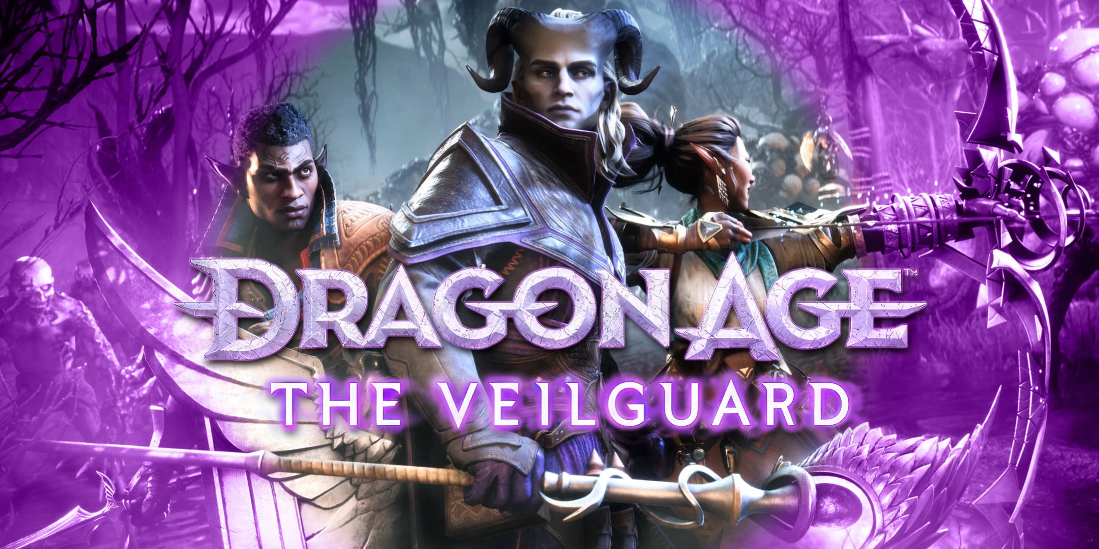 Dragon Age The Veilguard trio of characters behind game logo partially purple image edit