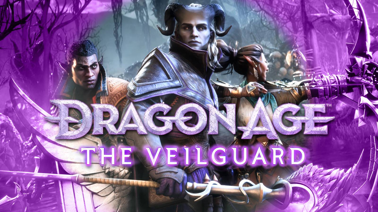 Dragon Age The Veilguard trio of characters behind game logo partially purple image edit