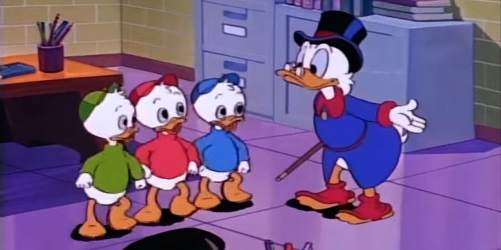 Scrooge Speaking With Huey, Dewey, and Louie In An Office