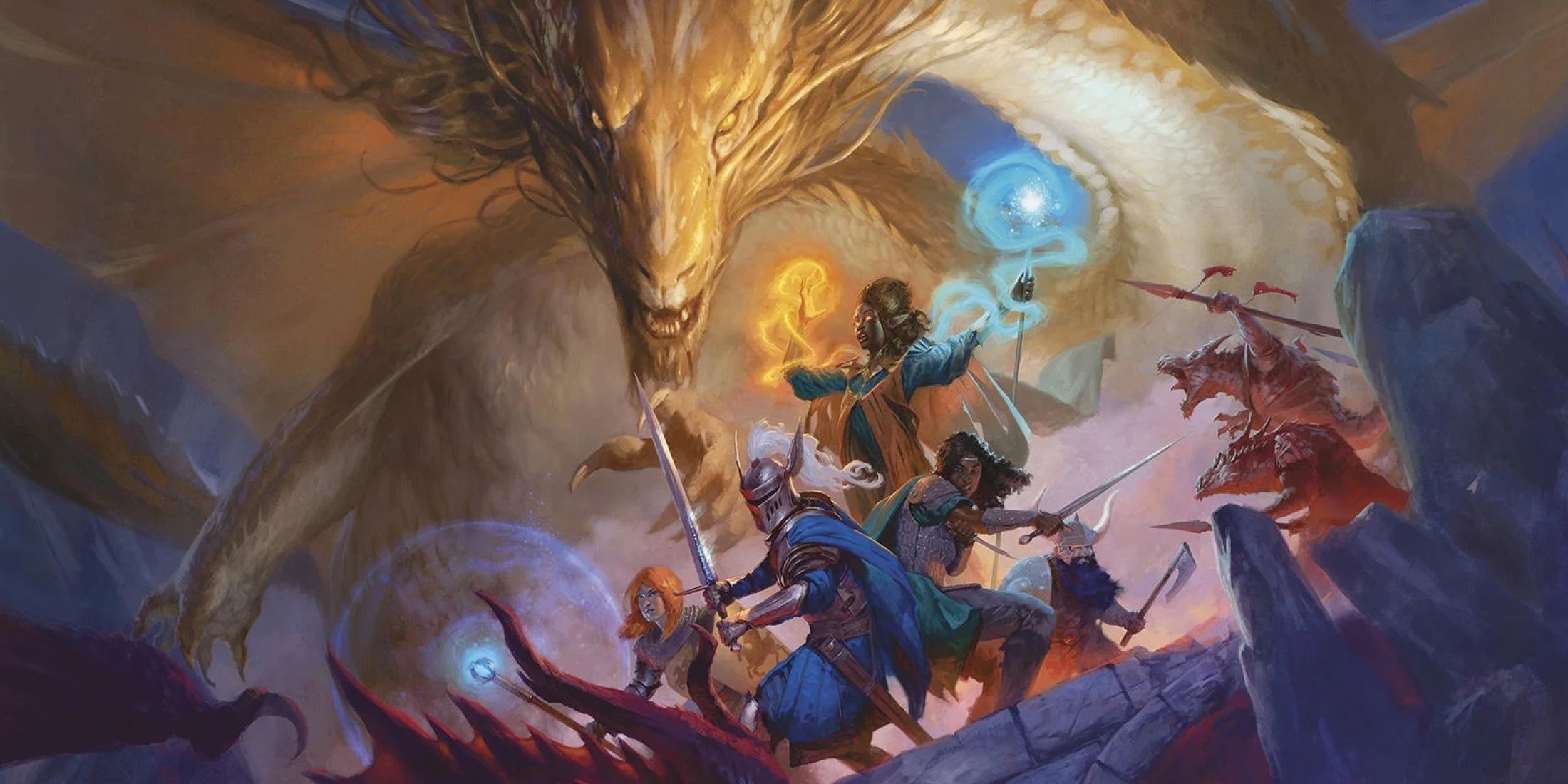 the new art for the d&d 2024 player's handbook revision featuring adventurers and a gold dragon