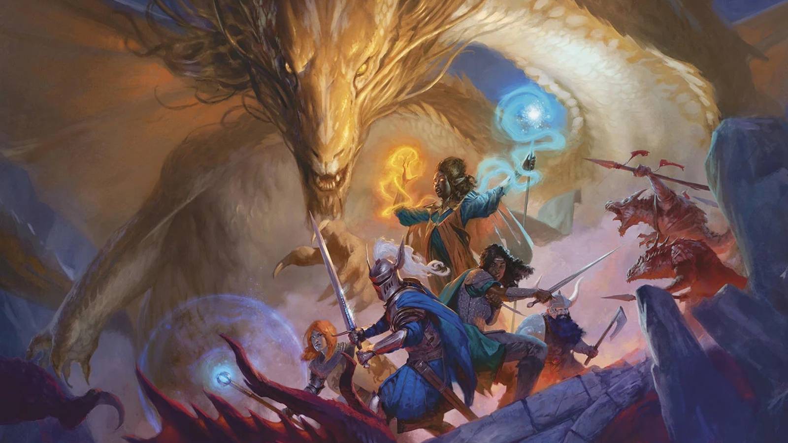 the new art for the d&d 2024 player's handbook revision featuring adventurers and a gold dragon