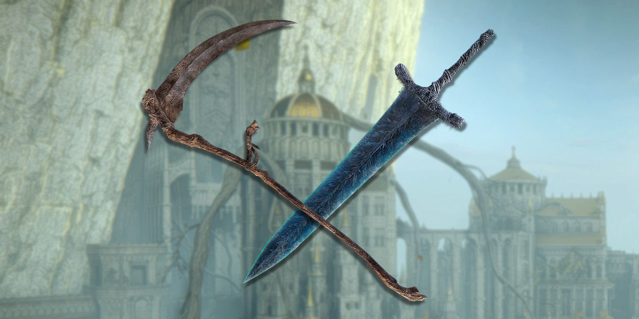 Dark Moon Greatsword and Grave Scythe crossed in front of Leyndell