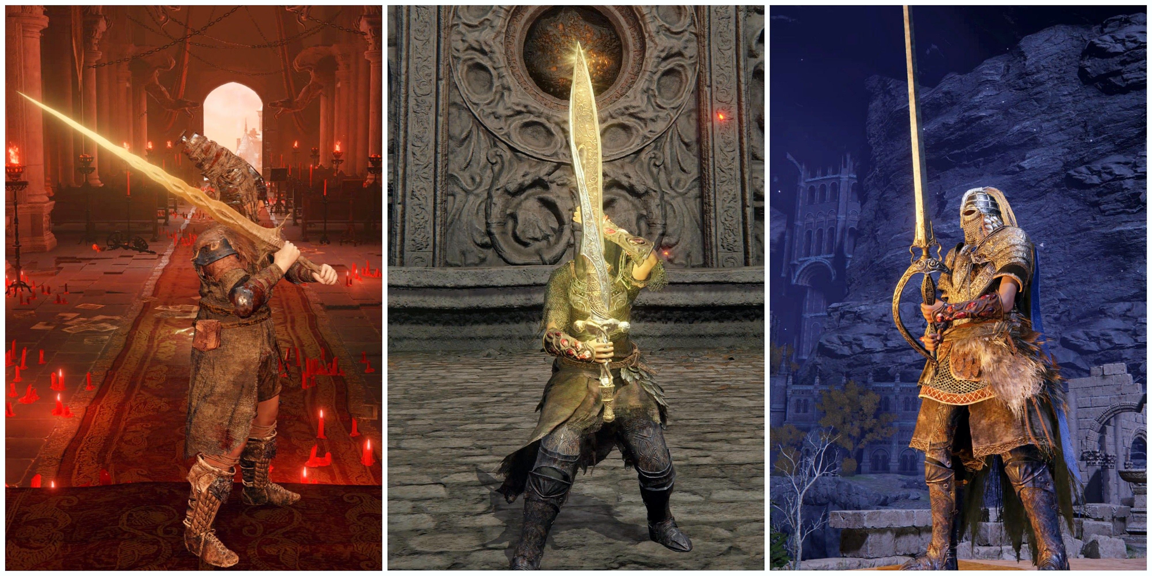 A split image of the best sacred holy weapons in Elden Ring