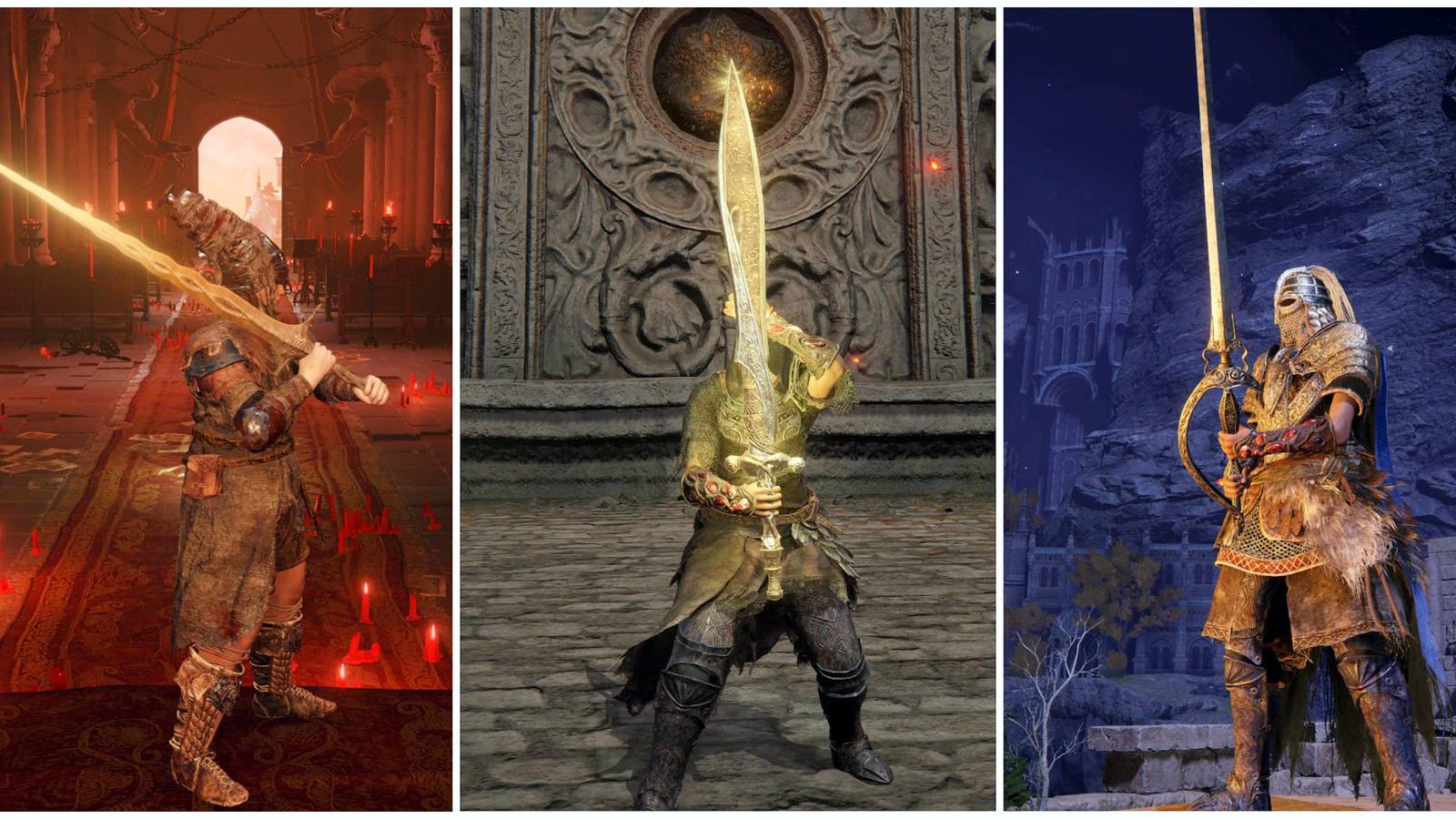 A split image of the best sacred holy weapons in Elden Ring