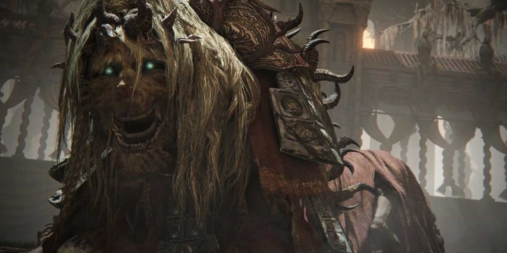 Elden Ring's Divine Beast Dancing Lion staring at the viewer