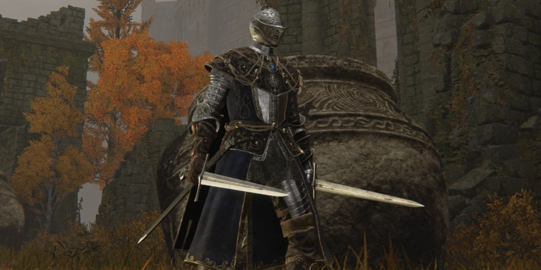 Elden Ring knight dual-wielding a pair of swords