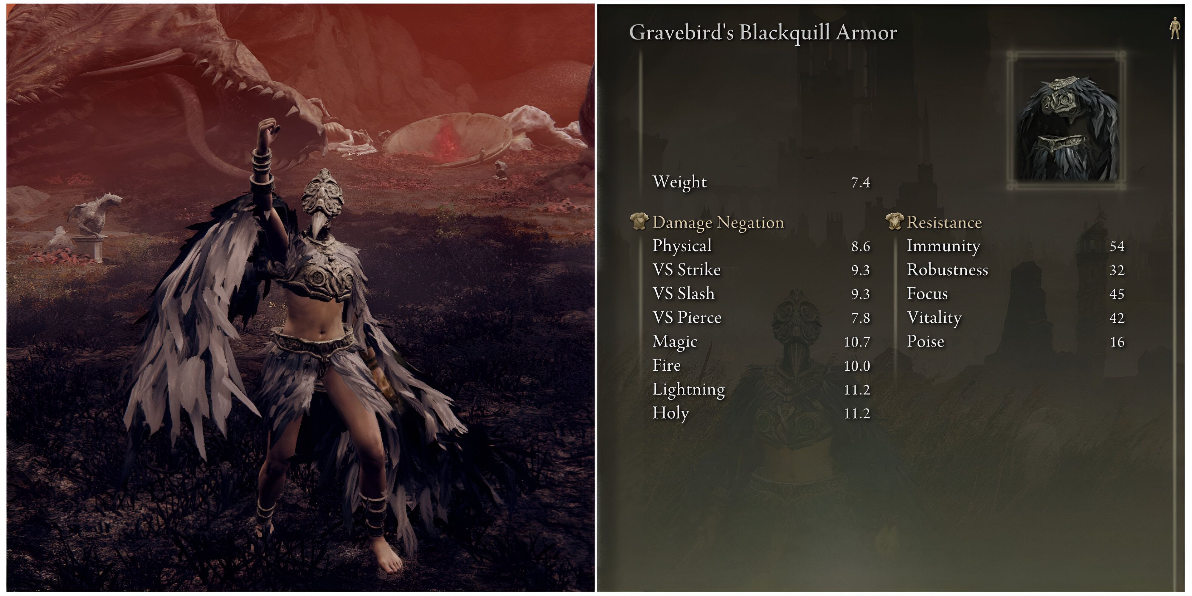 elden ring gravebird tarnished wearing armor set and stats