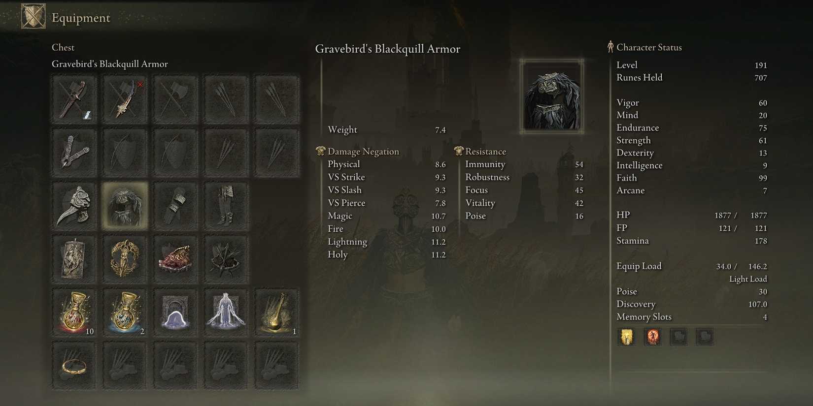 elden ring gravebird blackquill armor stats