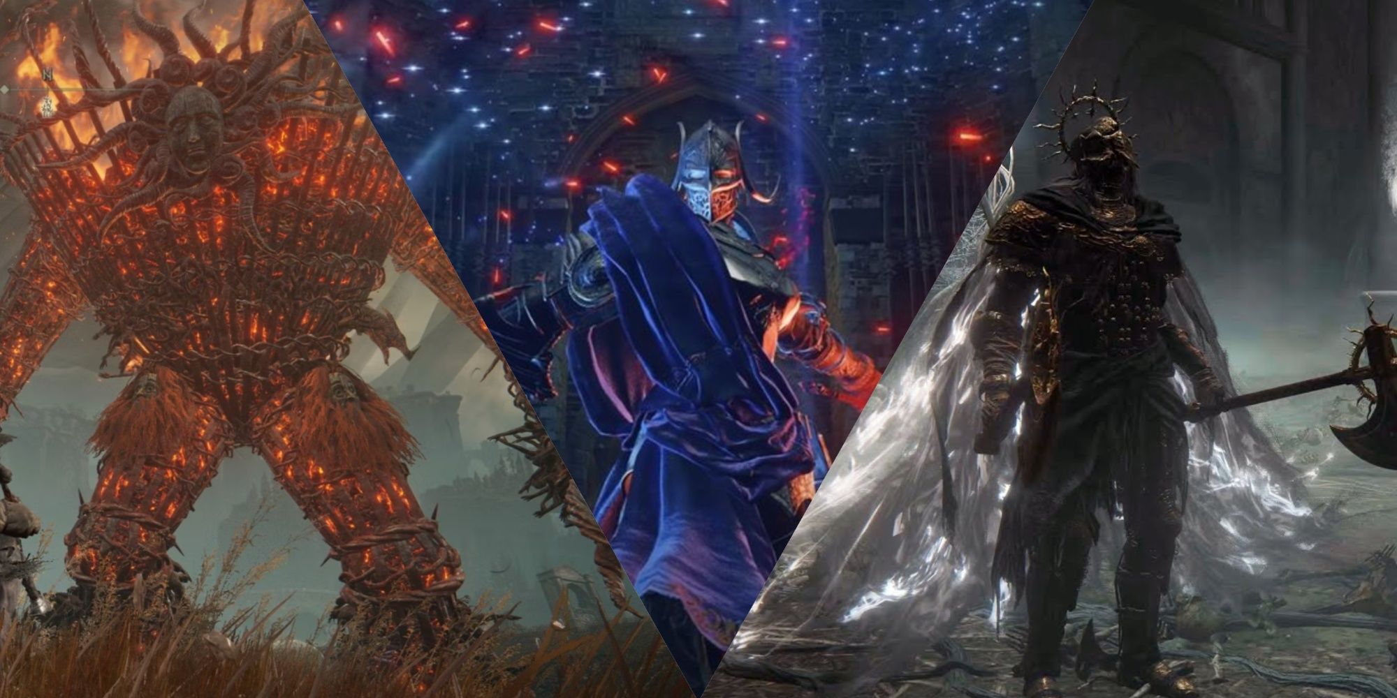 Elden Ring collage of a Furnace Golem, Rellana, and a Death Knight