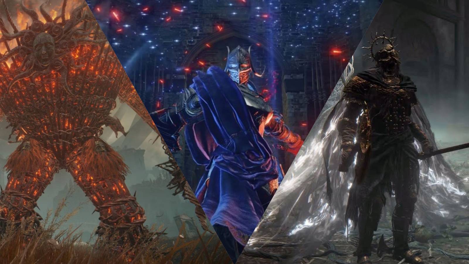 Elden Ring collage of a Furnace Golem, Rellana, and a Death Knight