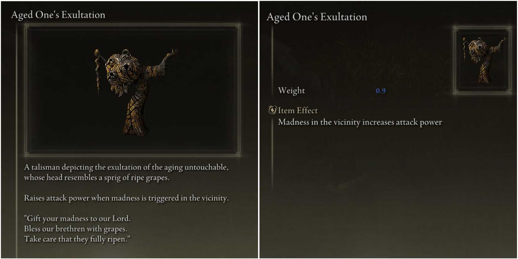 Elden Ring - Shadow Of The Erdtree - Aged One's Exultation Talisman Stats