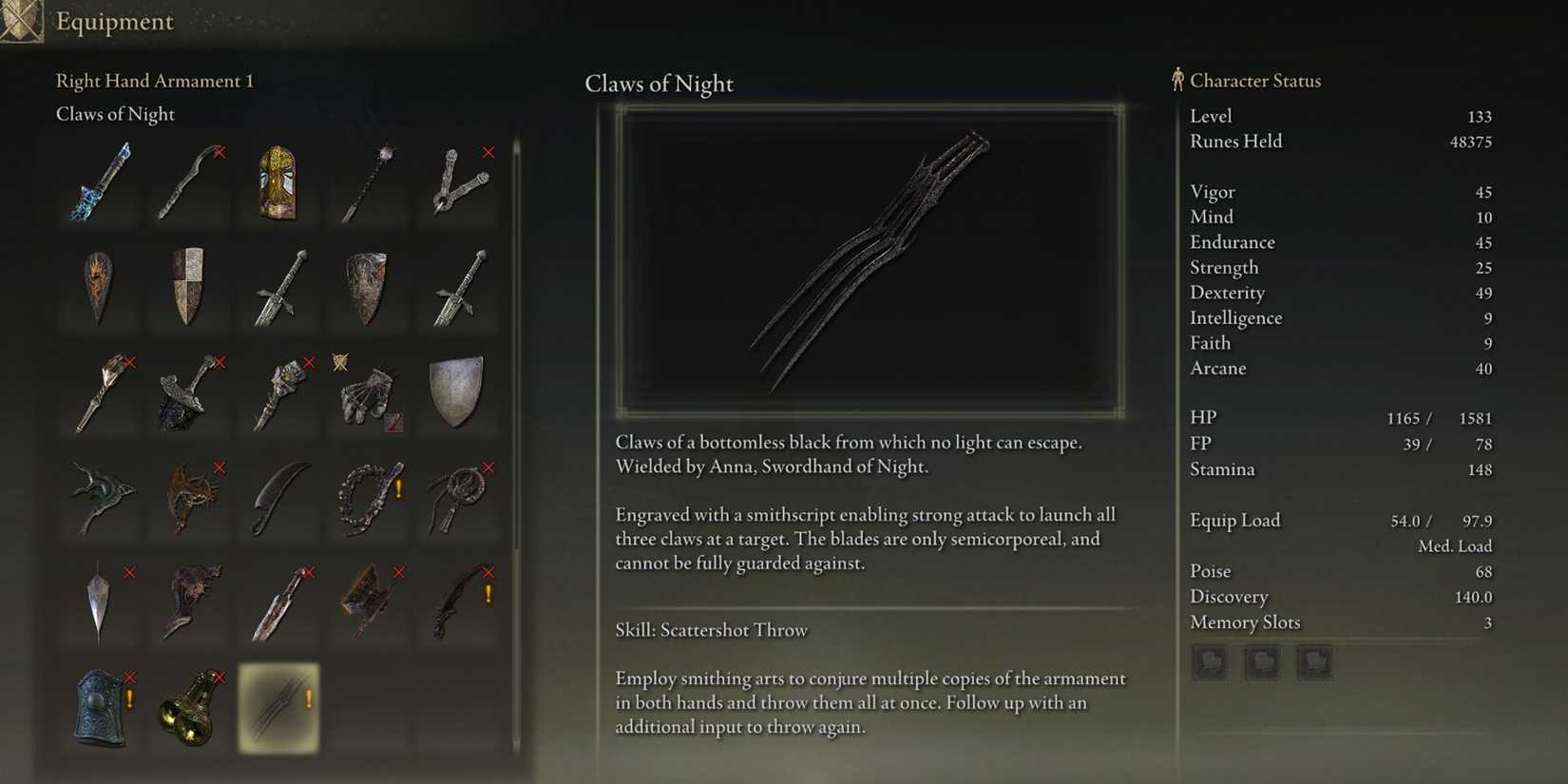 Elden Ring Shadow of the Erdtree - Claws of Night In-Game Description