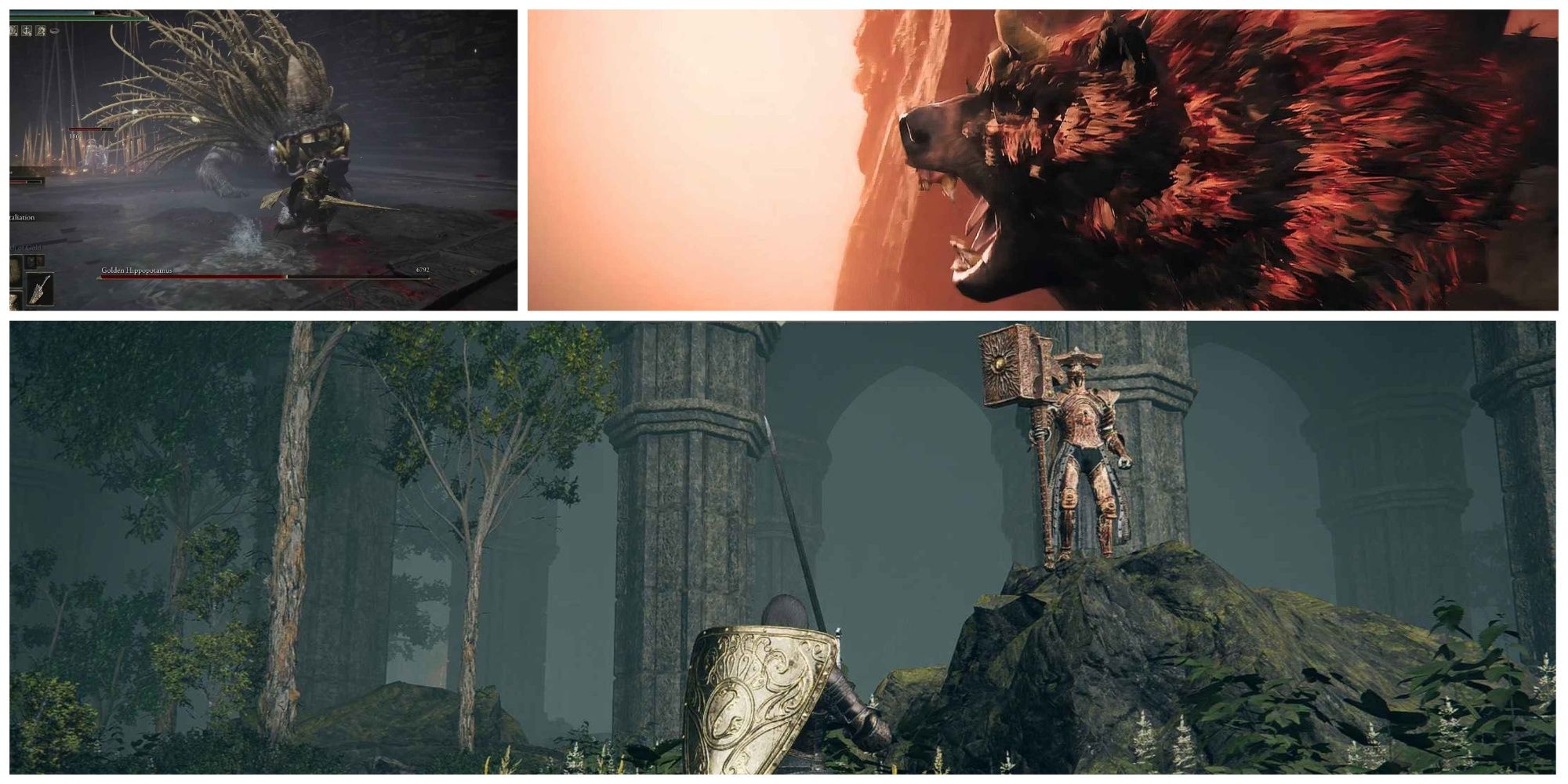 A split image of bosses in the Ancient Ruins of Rauh in Elden Ring Shadow of the Erdtree