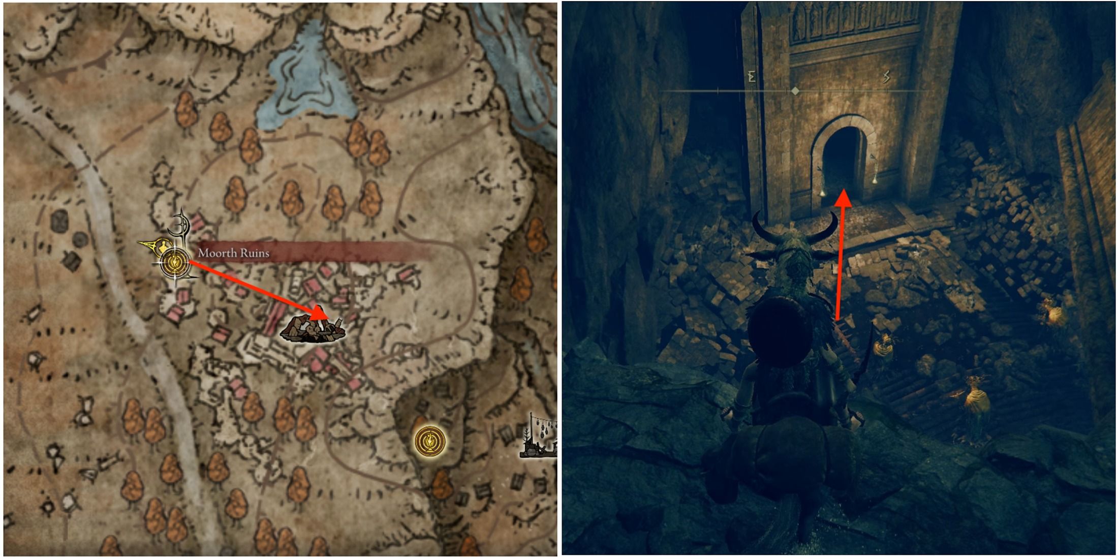 Combined image showcasing the map location and item location for Golden Arcs incantation in Elden Ring - Shadow of the Erdtree