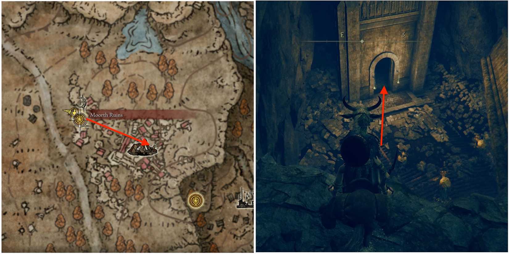 Combined image showcasing the map location and item location for Golden Arcs incantation in Elden Ring - Shadow of the Erdtree