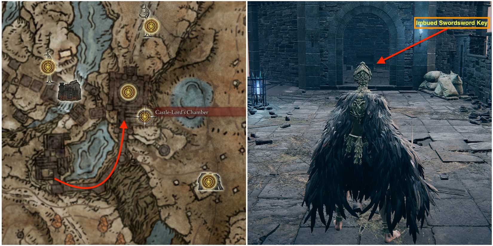 Combined image showcasing the Imbued Swordsword Key Location in Elden Ring - Shadow of the Erdtree