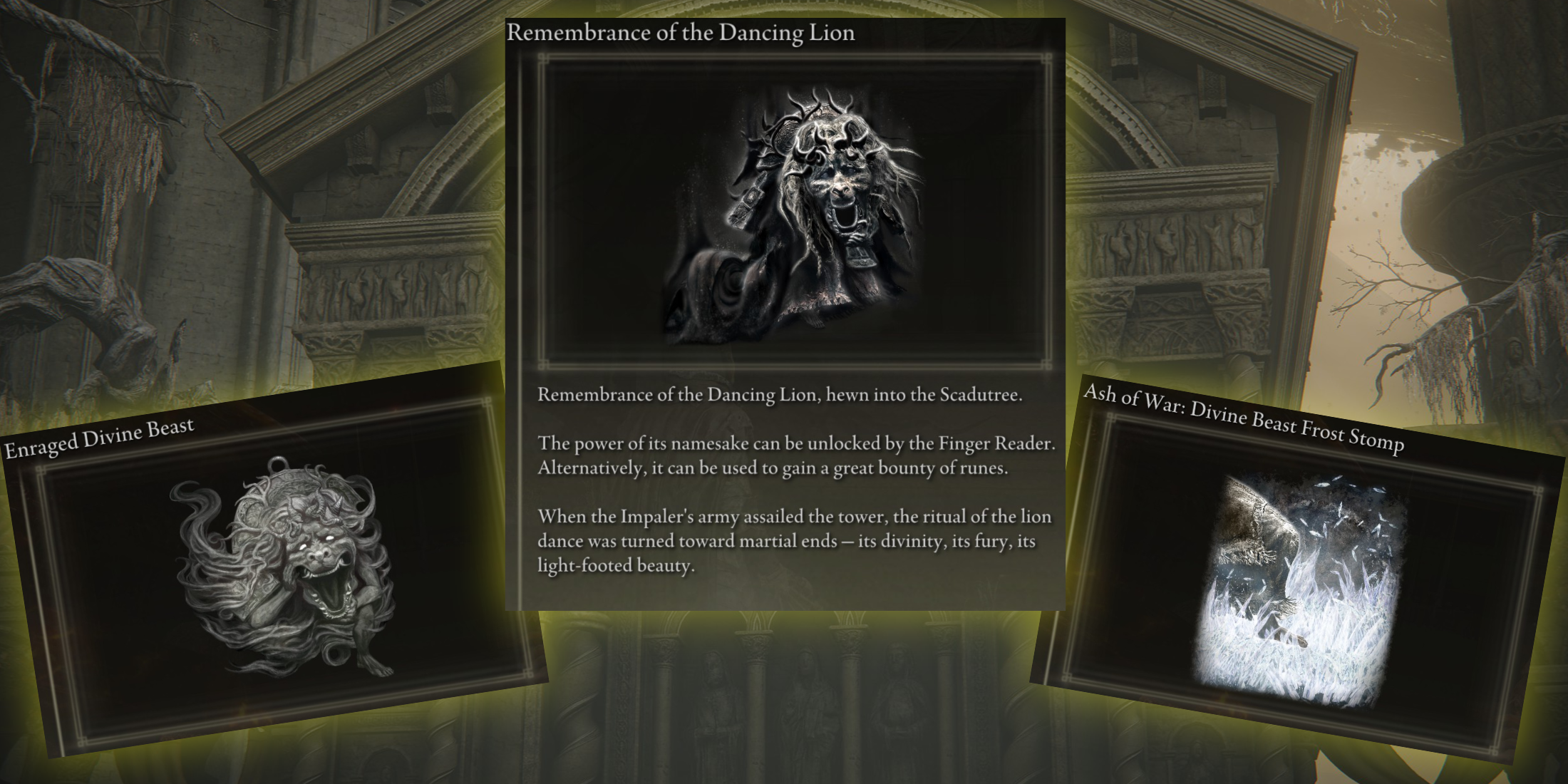 Elden Ring Shadow of the Erdtree Lion Dancer Remembrance Rewards Divine Beast Frost Stomp Enraged Divine Beast talisman