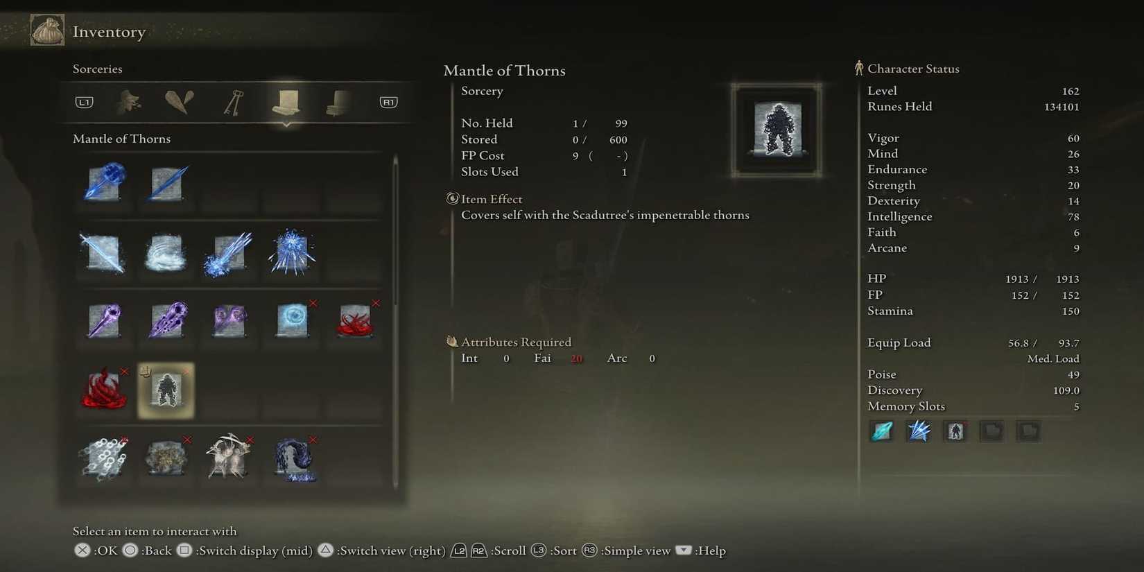 The Mantle Of Thorns Spell In The Inventory 