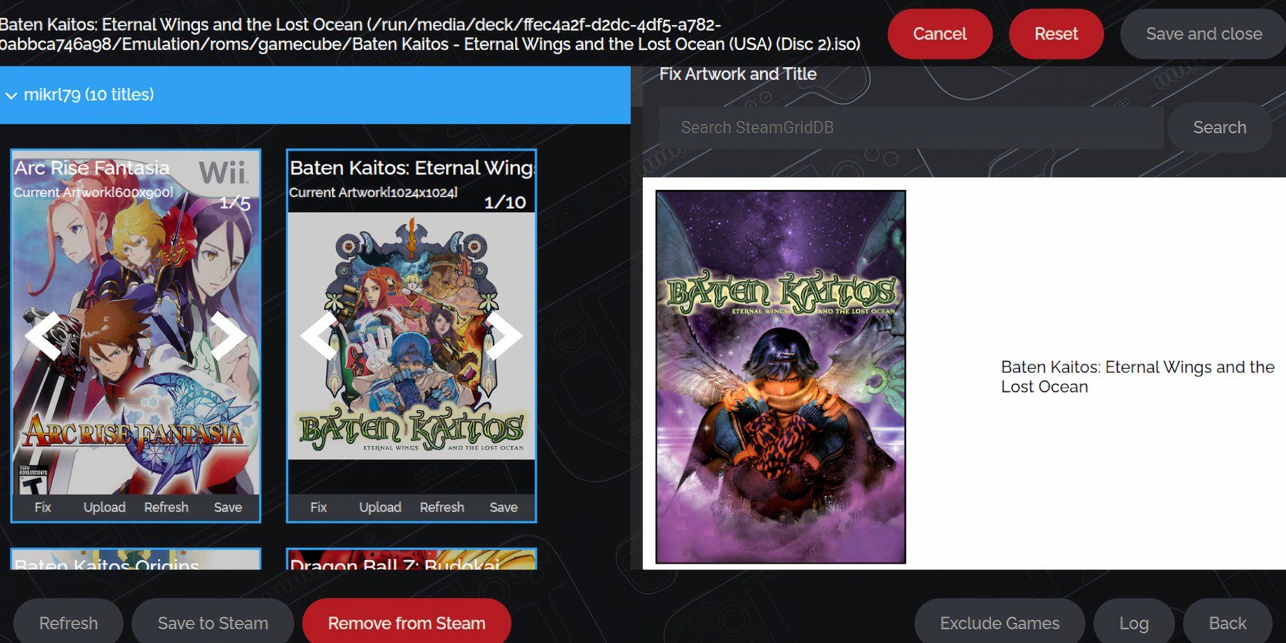 EmuDeck - Steam Deck Manager - fixing cover art for Baiten Kaitos
