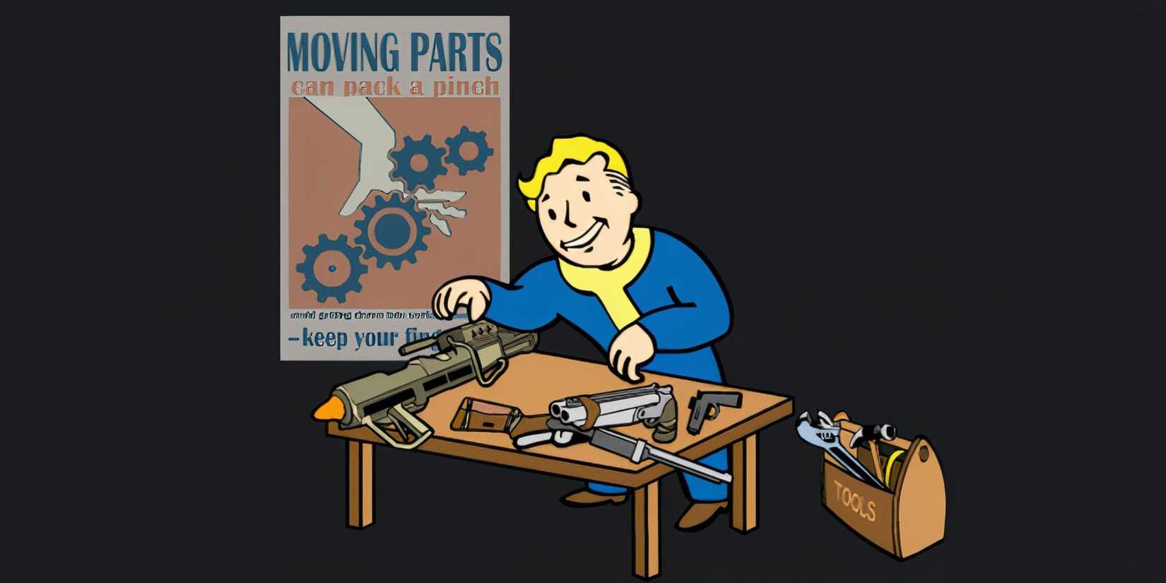 Vault Boy rifles through guns on a table