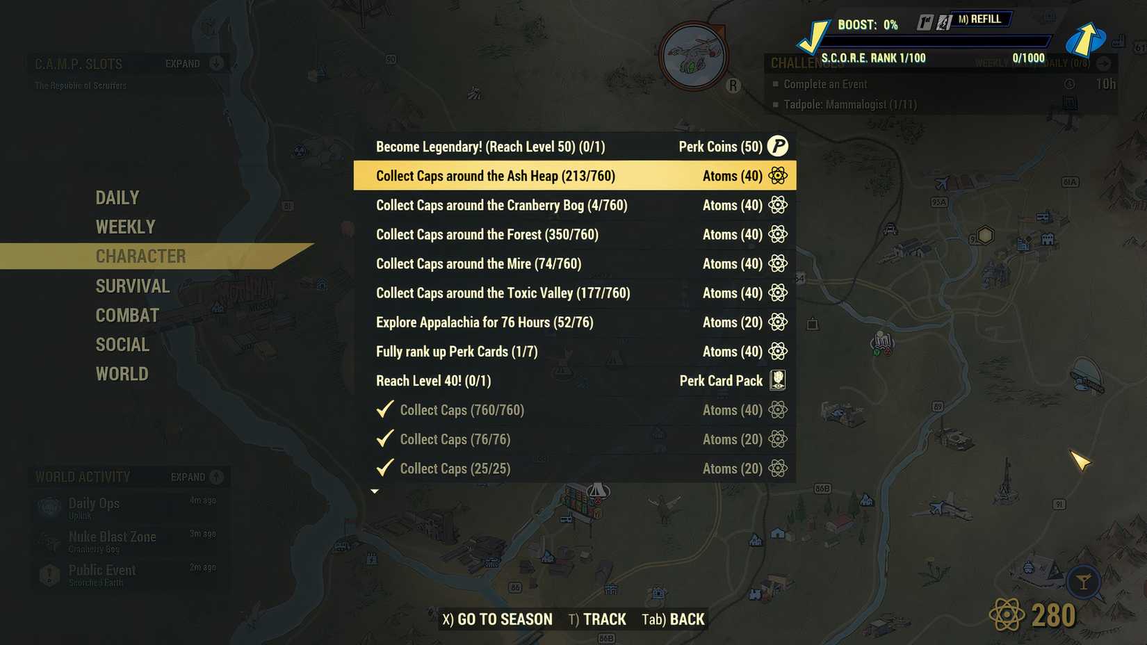 Image of challenges that can be completed for atoms in Fallout 76