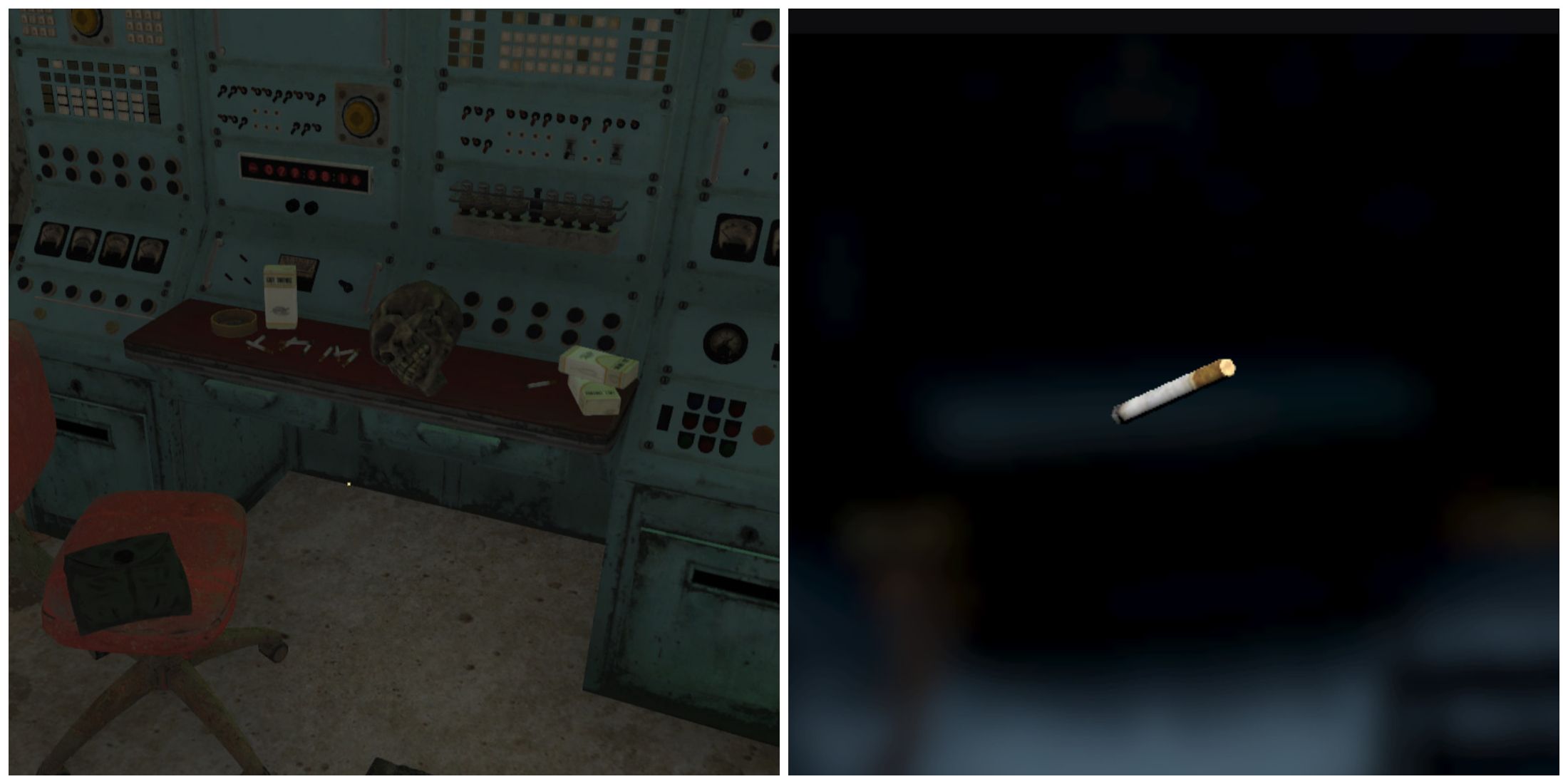 Split image of some cigarettes on a desk and a cigarette in Fallout 76