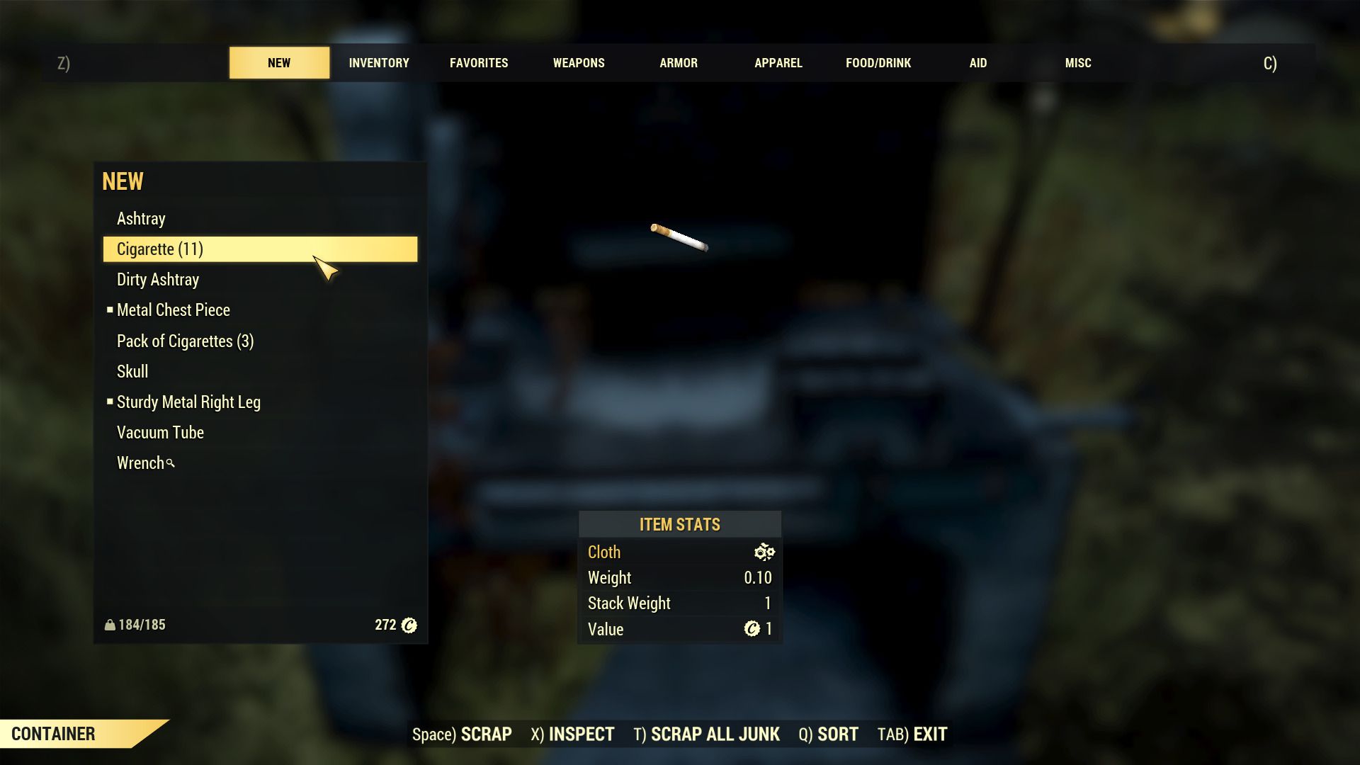 Image of cigarettes in inventory in Fallout 76