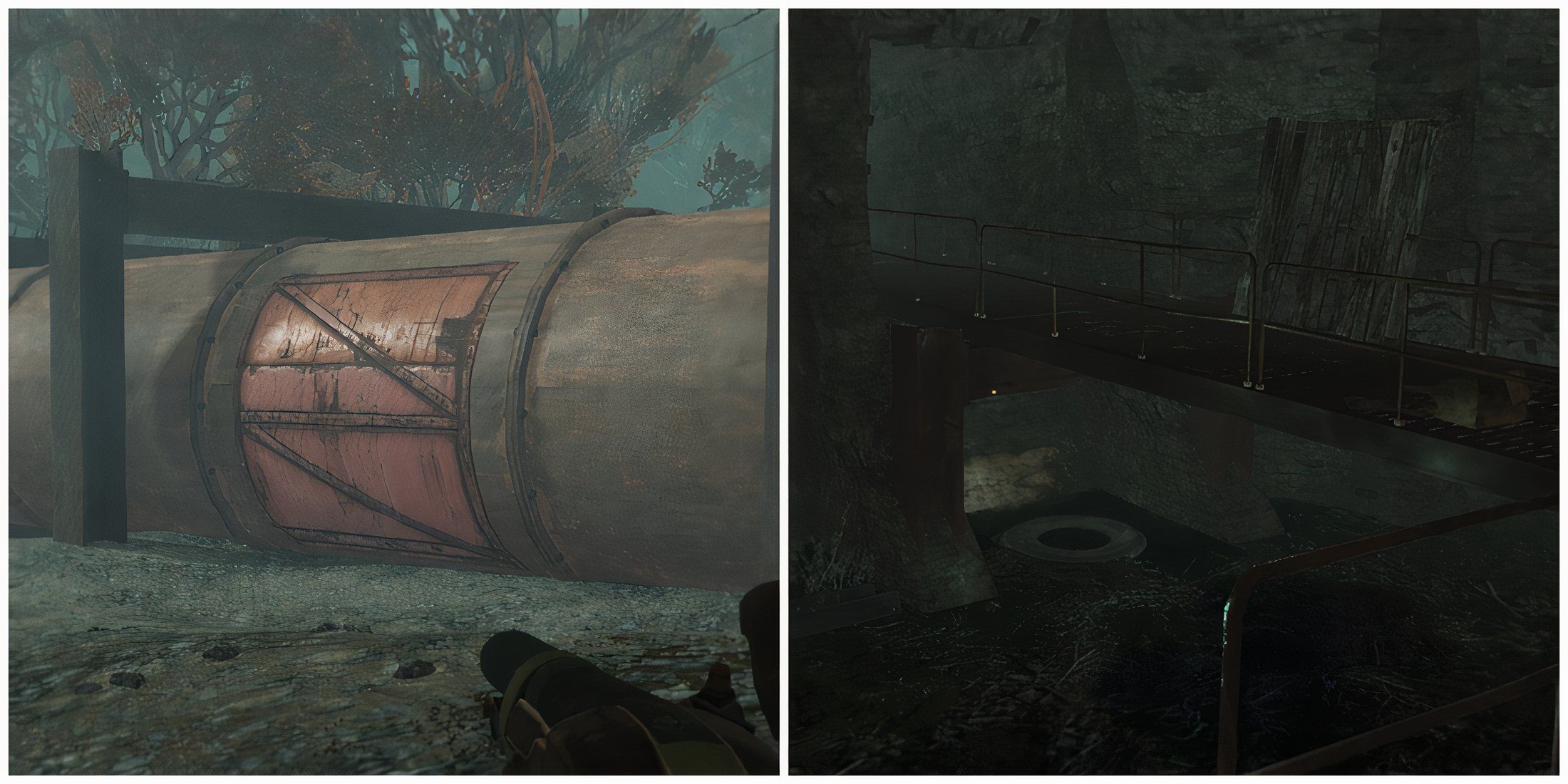 Split image of the entrance to Dyer Chemical Sewers and inside the sewers in Fallout 76