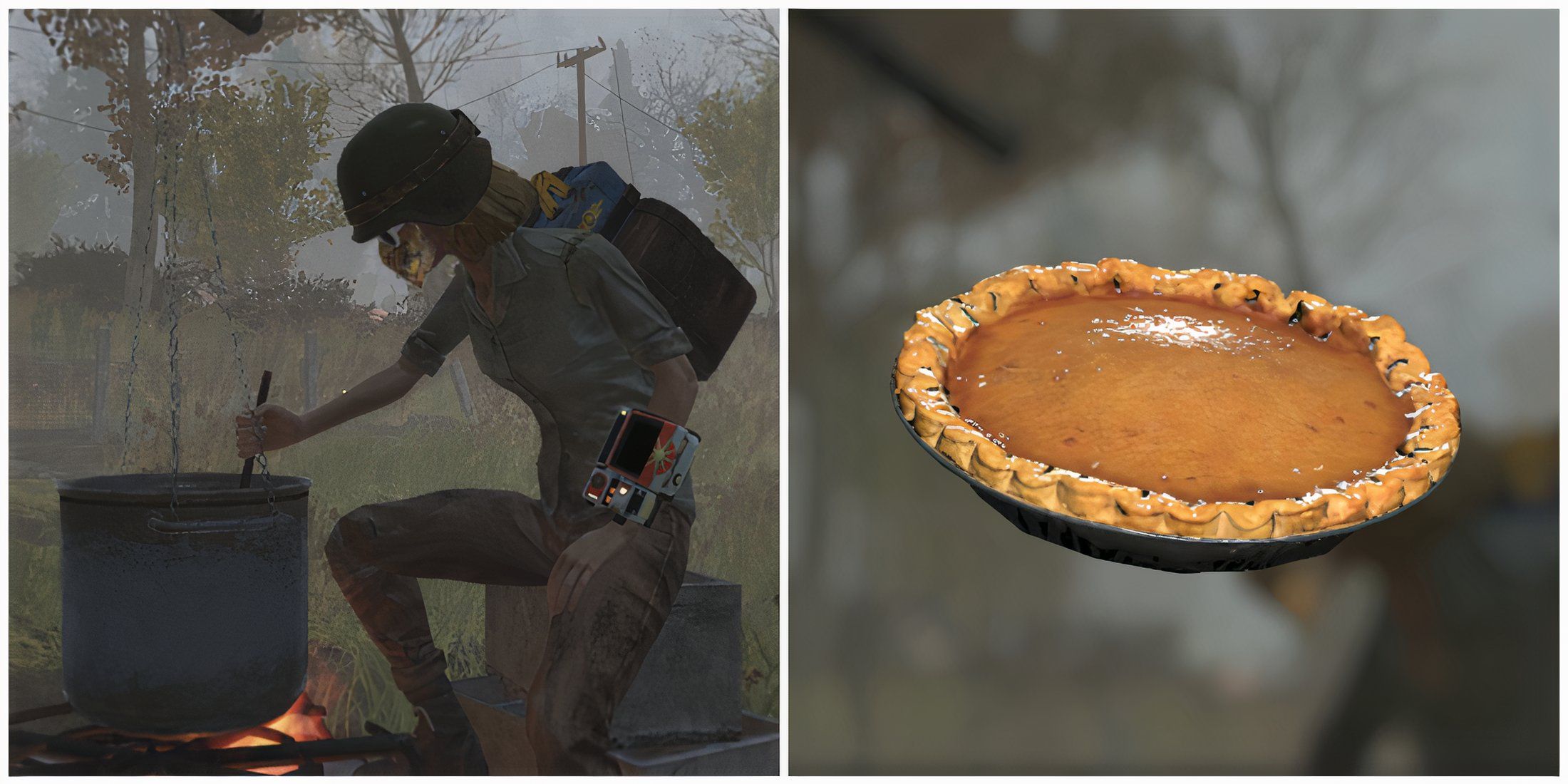 Split image of a character cooking and a Cranberry Cobbler in Fallout 76