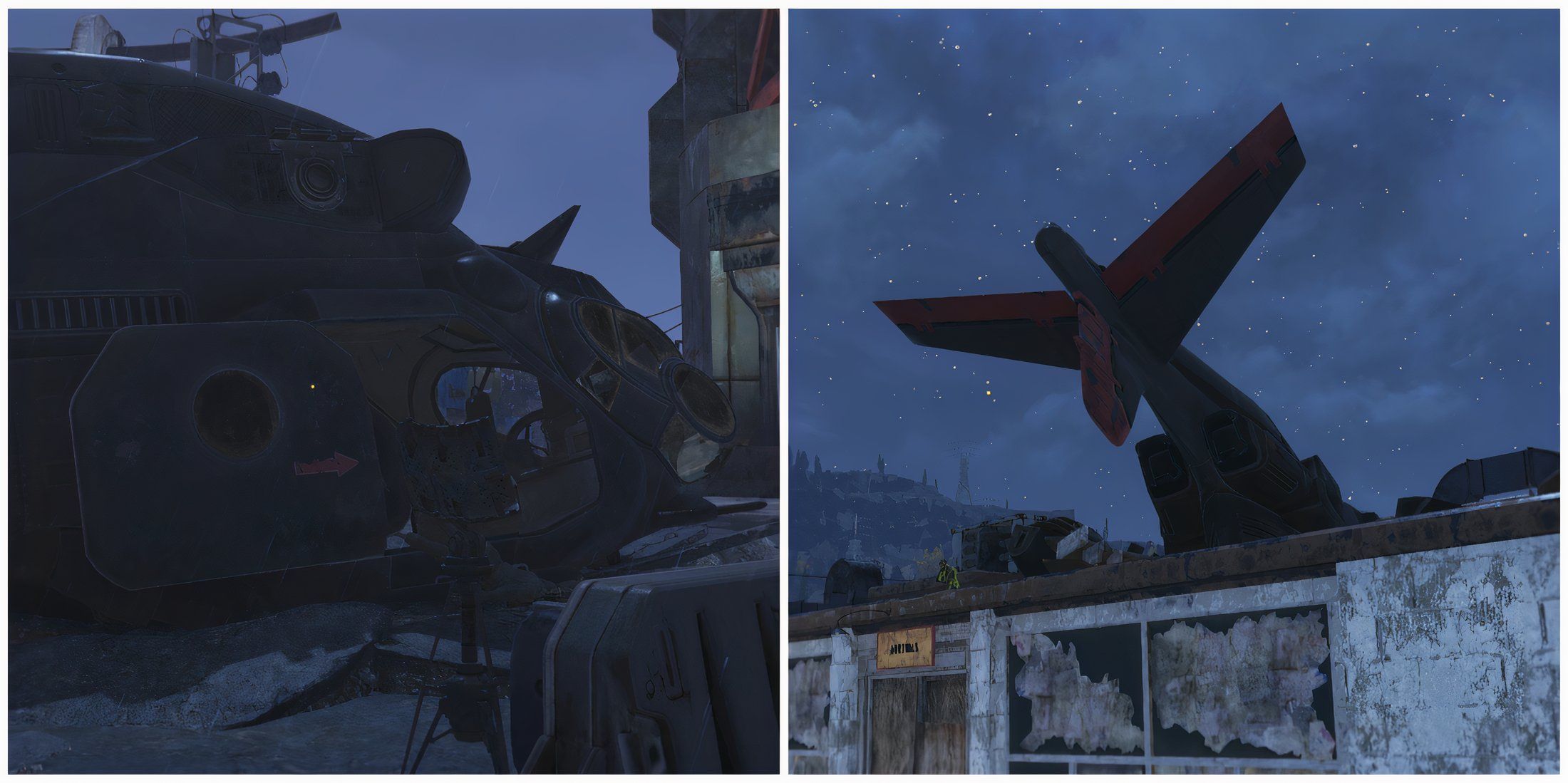 Split image of the side and back of the vertibird aircraft in Fallout 76