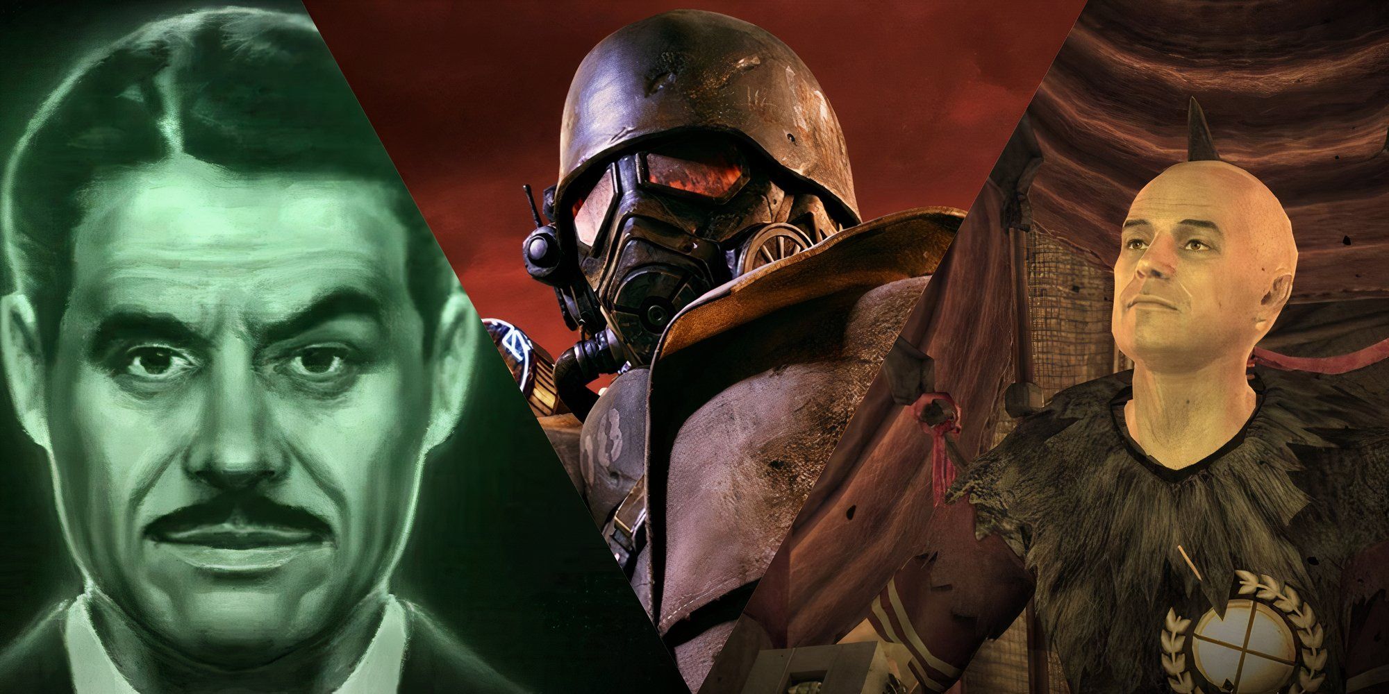 A collage of Mr House, the Courier, and Caesar from Fallout New Vegas