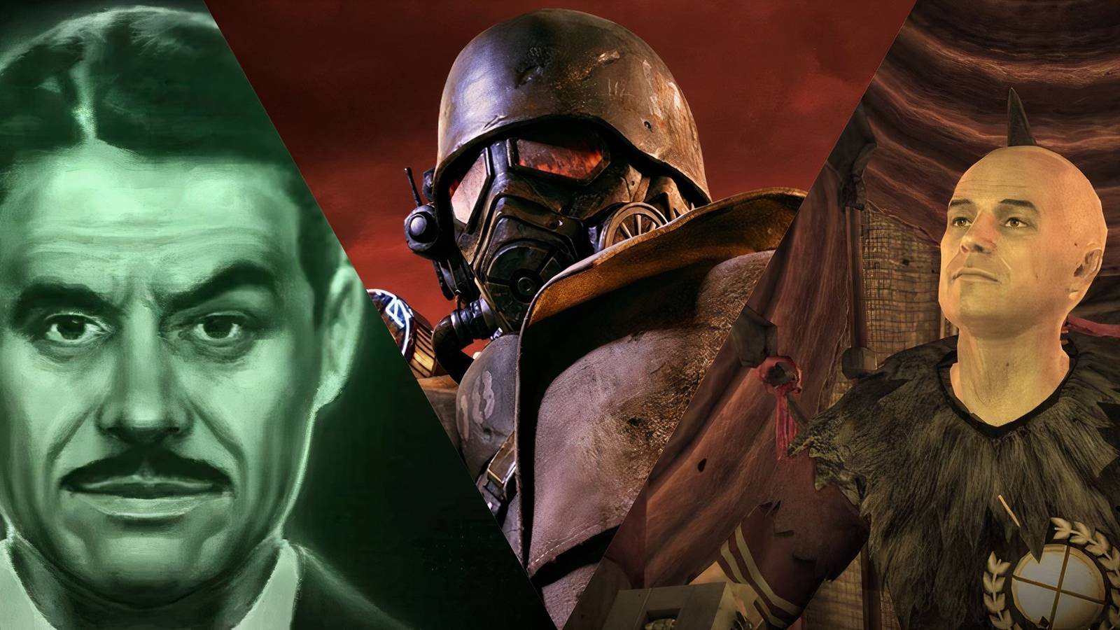 A collage of Mr House, the Courier, and Caesar from Fallout New Vegas