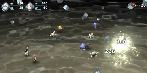 An attack hitting multiple enemies thanks to trajectory in Fantasian: Neo Dimension
