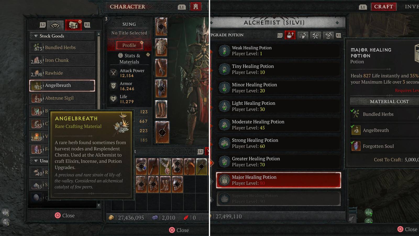 Angelbreath In The Player's Inventory & Using Them To Upgrade A Potion 