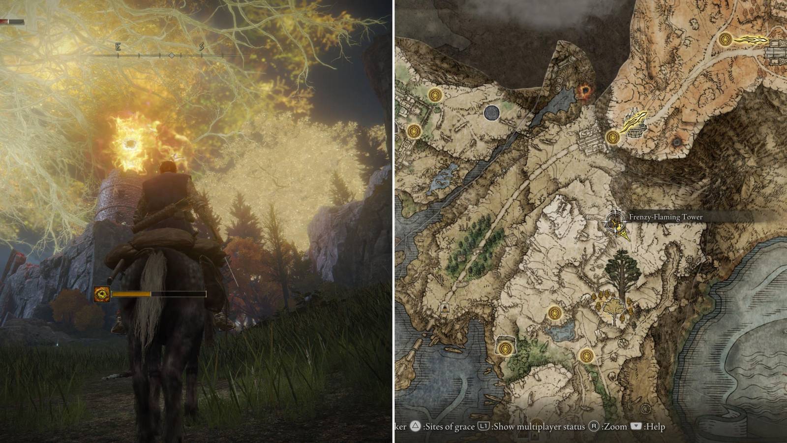 The Player Standing In Front Of The Frenzy-Flame Tower & Its Location On The Map 