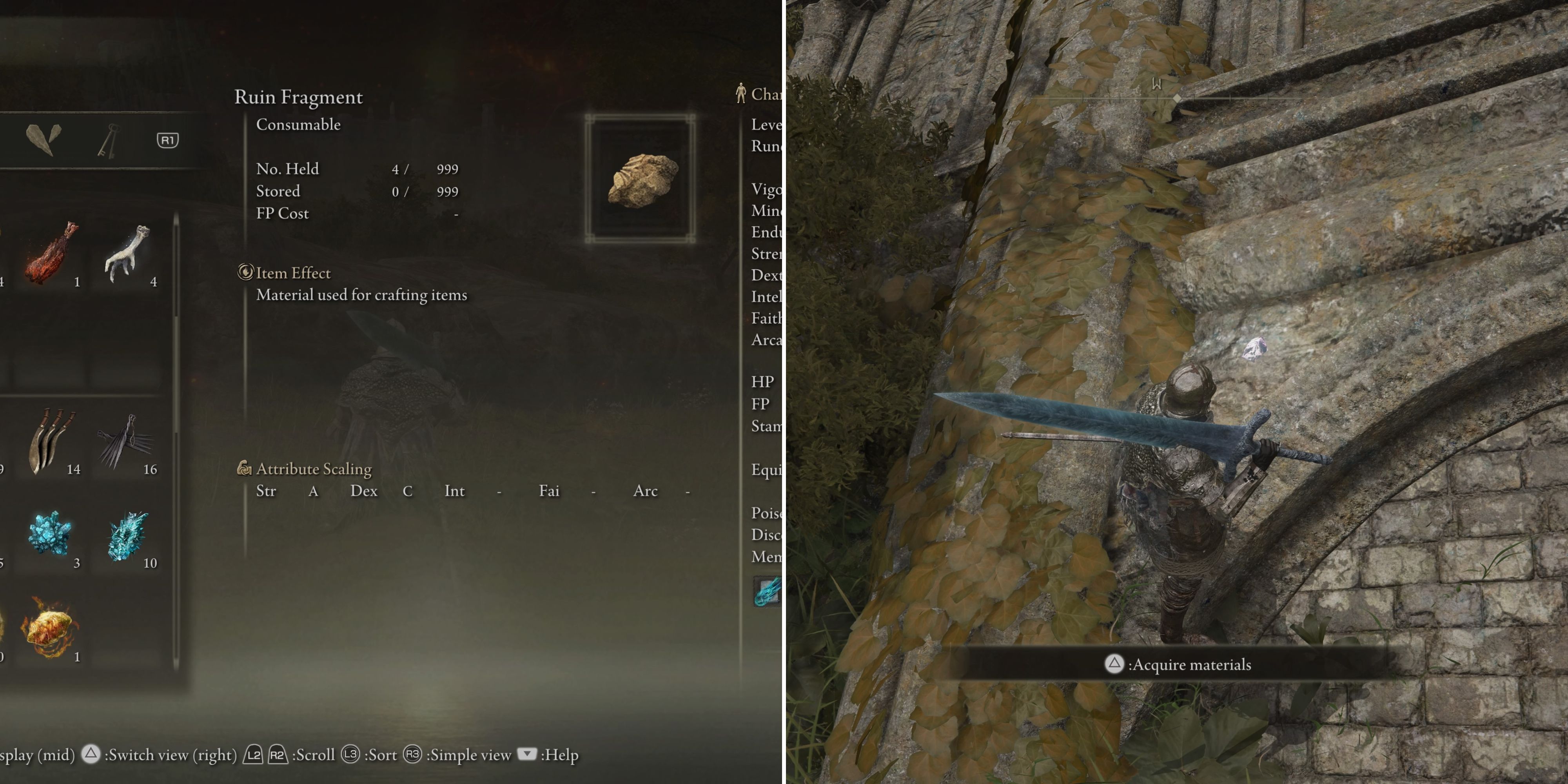 Ruin Fragments In The Menu & The Player Picking Up A Ruin Fragment