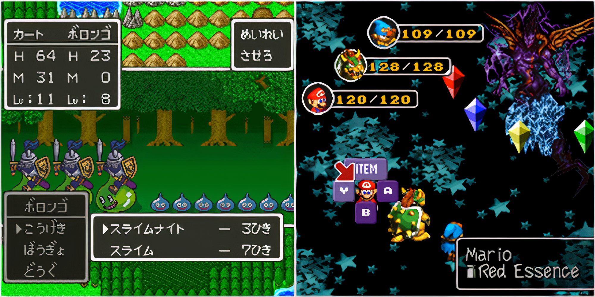 Fighting a battle in Dragon Quest 5 Hand of the Heavenly Bride and Fighting Culex in Super Mario RPG Legend of the Seven Stars
