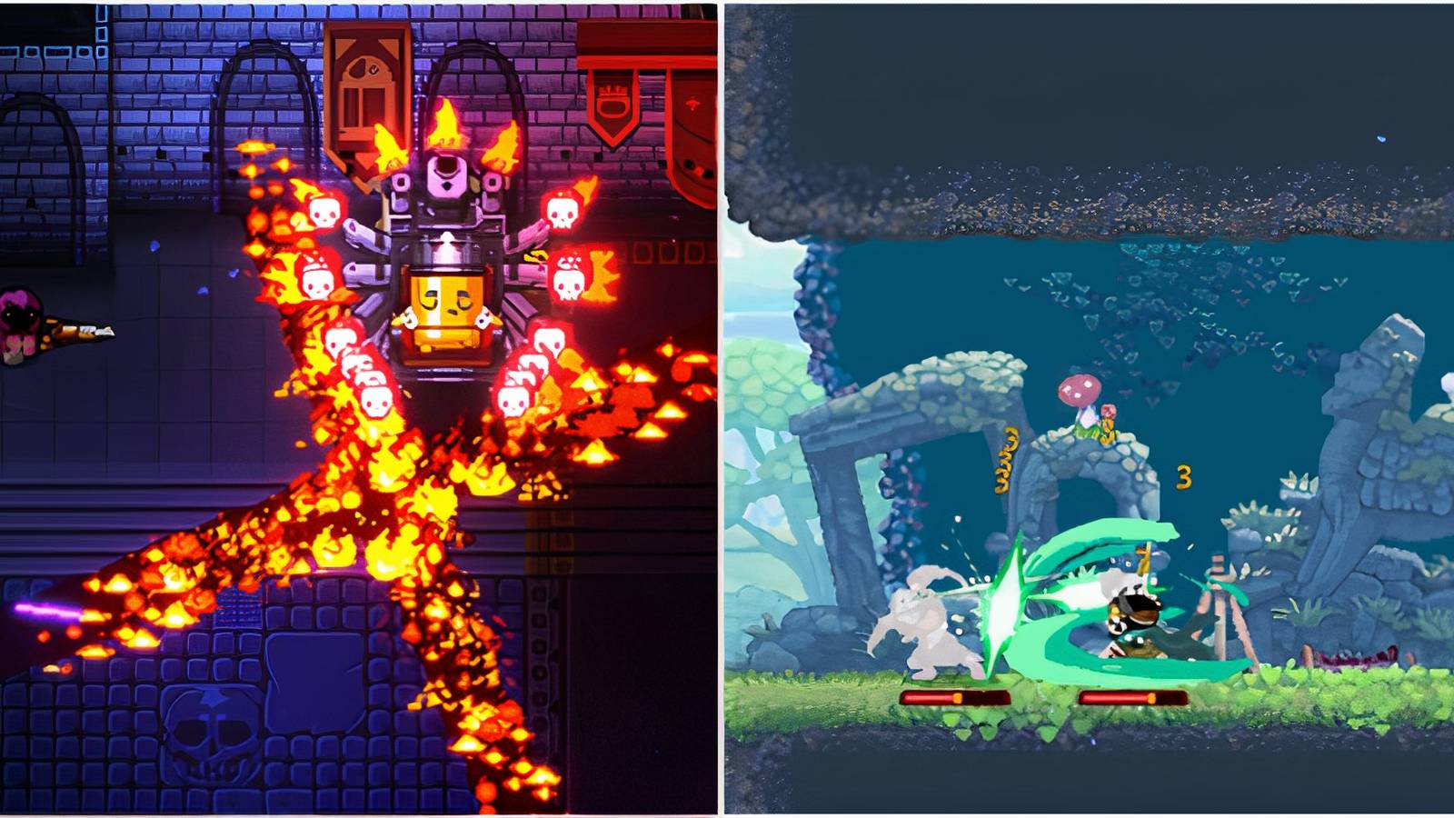 Fighting a boss in Enter The Gungeon and Fighting enemies in Skul The Hero Slayer