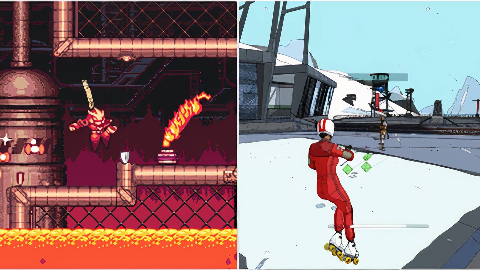 Fighting enemies in Gravity Circuit and Shooting enemies in Rollerdrome