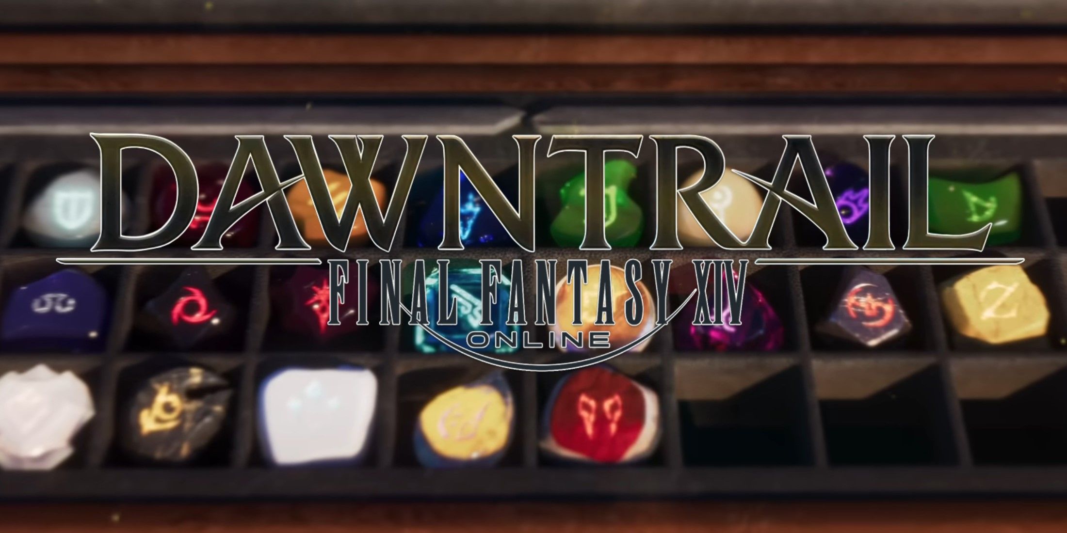 The Final Fantasy 14: Dawntrail Logo with a chest of Job Soul Crystals in the background.