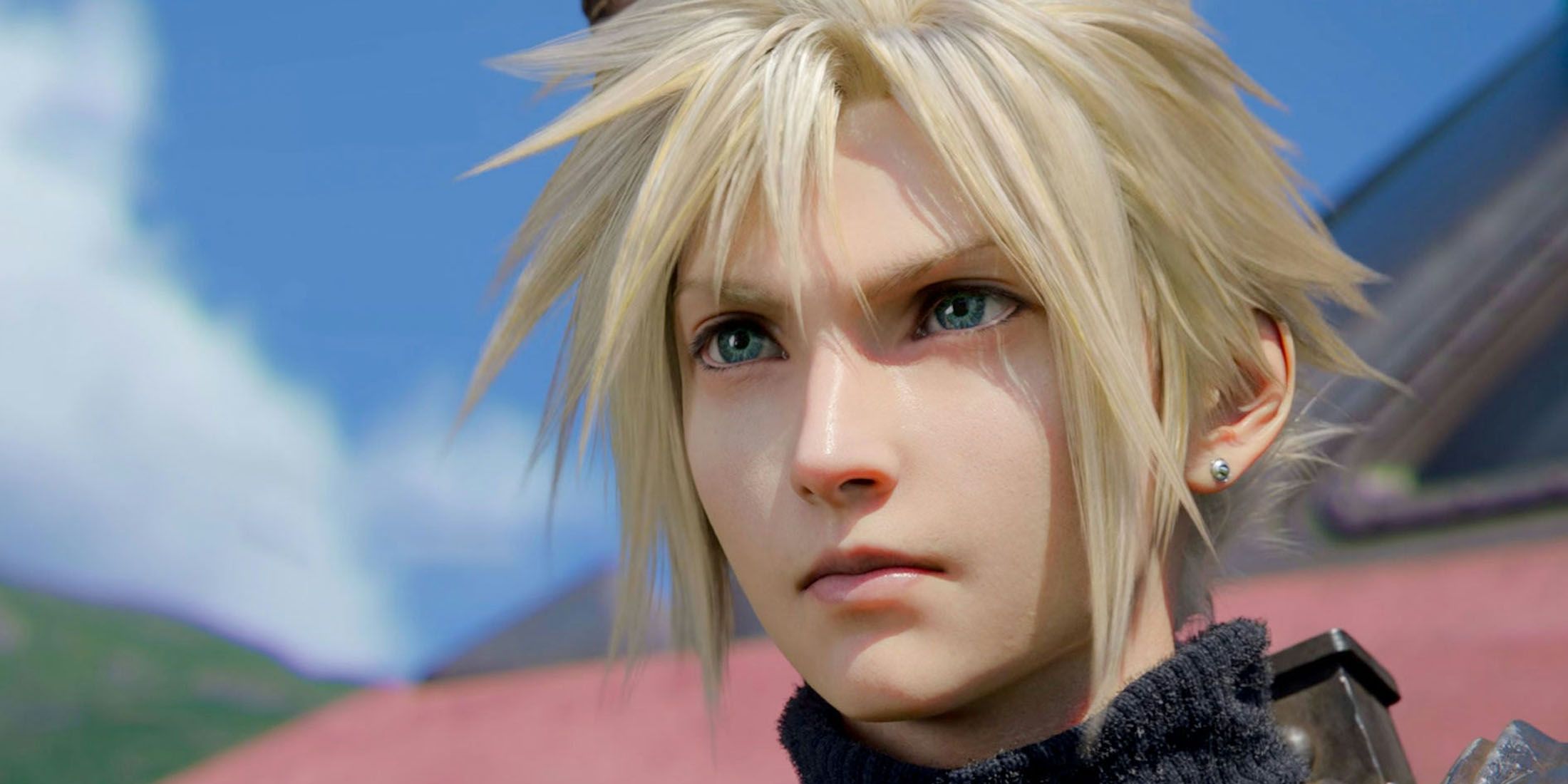 A close-up screenshot of Cloud Strife at the end of Final Fantasy 7 Rebirth.