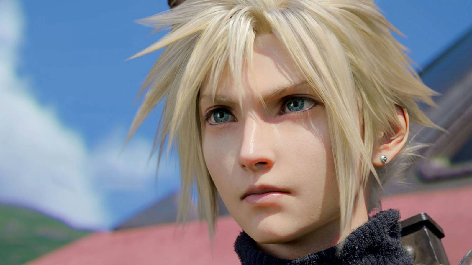 A close-up screenshot of Cloud Strife at the end of Final Fantasy 7 Rebirth.